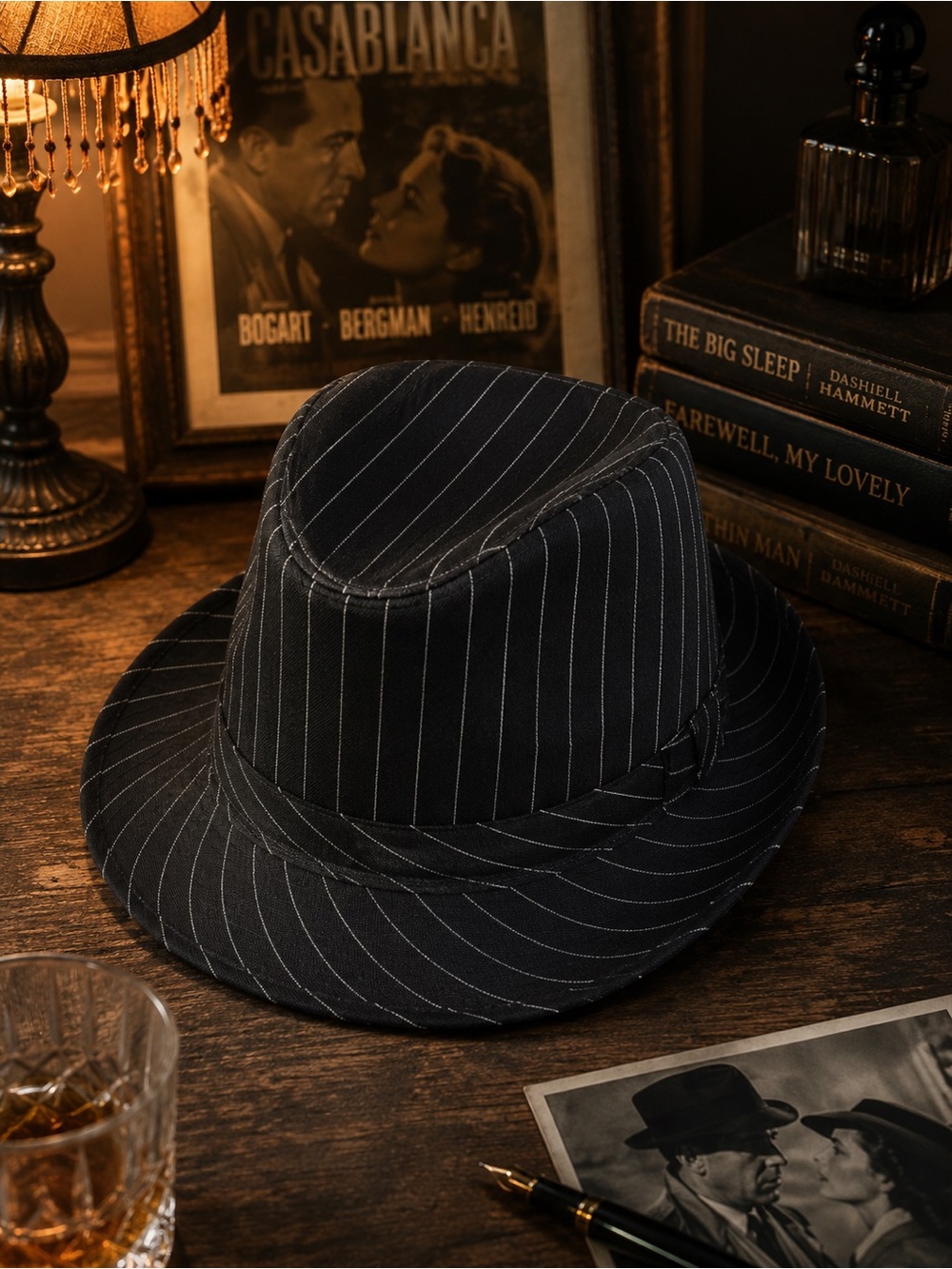Classic Black Pinstripe-Fedora Hat-movie style Mens Dress up
